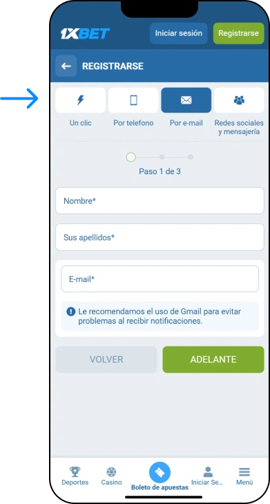 Completa el formulario de registro - 1xbet Promo Bolivia