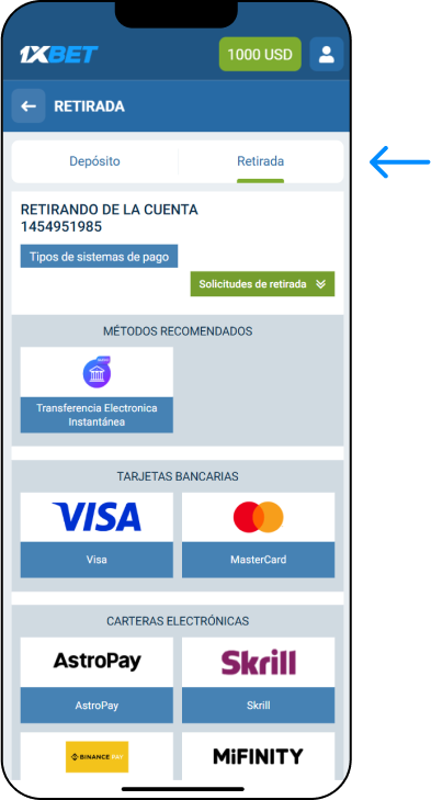Retirar mediante pagos móviles en Bolivia - 1xbet Promo Bolivia